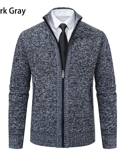 2025 Autumn and Winter New Jersey Men's Casual Sports Coat Solid Color Stand Collar Sweater Grab Fleece Warm Zipper Cardigan