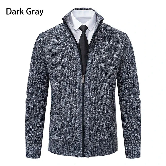 2025 Autumn and Winter New Jersey Men's Casual Sports Coat Solid Color Stand Collar Sweater Grab Fleece Warm Zipper Cardigan
