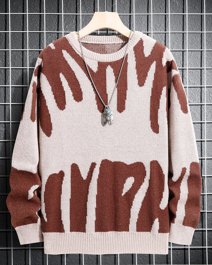 New Popular Autumn Winter Irregular Jacquard Pattern Pullover Sweater Casual Round Neck Contrast Color Knitted Men's Pullover