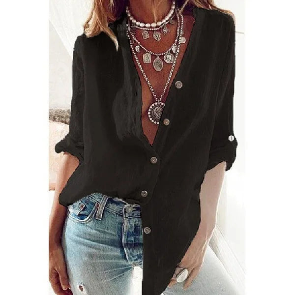 S-5XL Women Loose Blouse Shirts Oversized Female V Neck Long Sleeve Button Beach Sand Holiday Baggy Blouse Tops ARJ-113Y