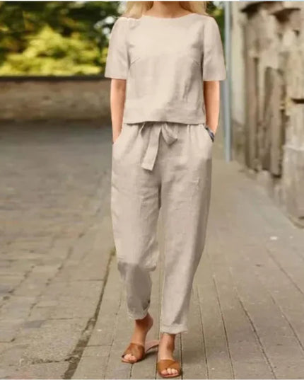 Women's Pullover Shirt And Pants Two-piece Set Women's Cotton And Linen Summer Suit Short Sleeved O-neck Outfit Pants