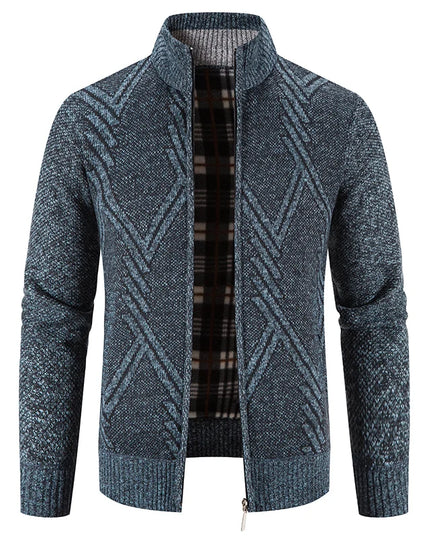 Autumn Winter Male Sweater Coat Knit Jumpers Fleece Warm Jacket Korean Mock Collar Patchworked Zip Windbreaker Men's Overcoat