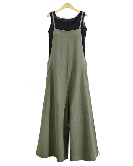 Women Straps Jumpsuit Summer Solid Color Wide Leg Pants Dungaree Bib Overalls Casual Loose Sleeveless Cotton Linen Jumpsuits 5Xl