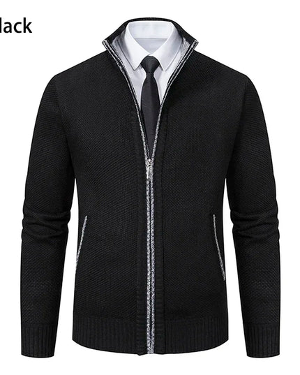2025 Autumn and Winter New Jersey Men's Casual Sports Coat Solid Color Stand Collar Sweater Grab Fleece Warm Zipper Cardigan