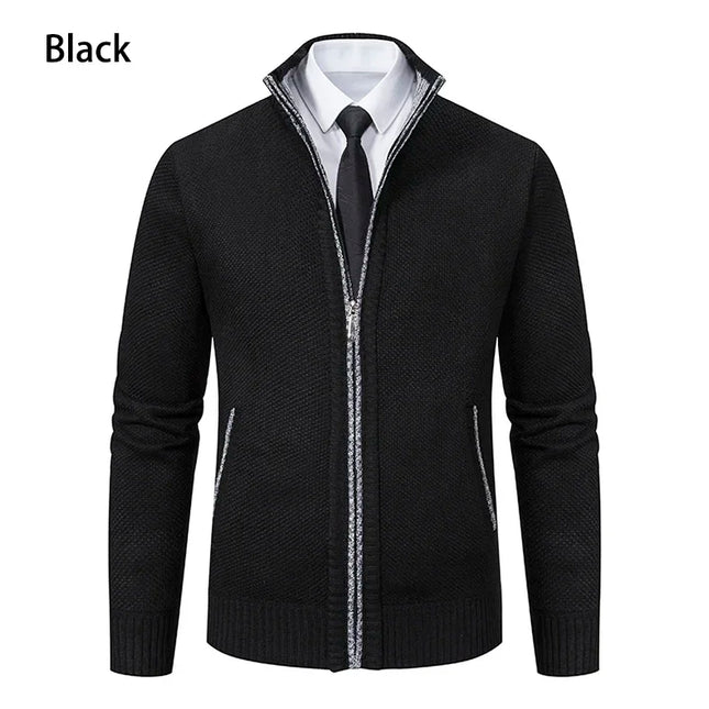 2025 Autumn and Winter New Jersey Men's Casual Sports Coat Solid Color Stand Collar Sweater Grab Fleece Warm Zipper Cardigan
