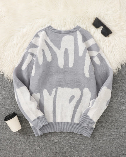 New Popular Autumn Winter Irregular Jacquard Pattern Pullover Sweater Casual Round Neck Contrast Color Knitted Men's Pullover