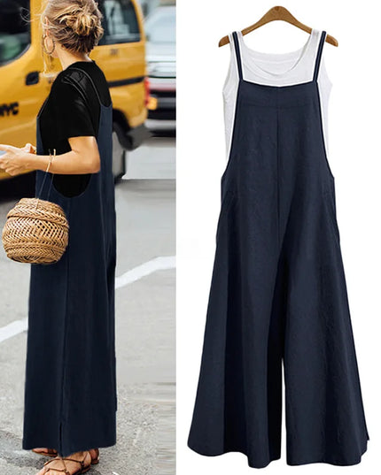 Women Straps Jumpsuit Summer Solid Color Wide Leg Pants Dungaree Bib Overalls Casual Loose Sleeveless Cotton Linen Jumpsuits 5Xl