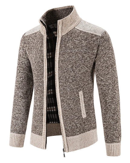 Autumn Winter Male Sweater Coat Knit Jumpers Fleece Warm Jacket Korean Mock Collar Patchworked Zip Windbreaker Men's Overcoat
