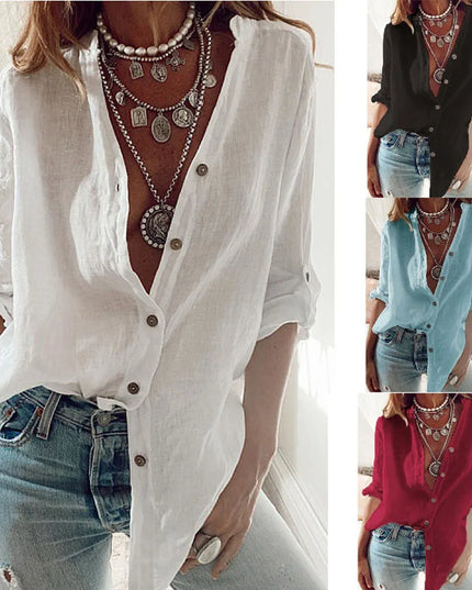 S-5XL Women Loose Blouse Shirts Oversized Female V Neck Long Sleeve Button Beach Sand Holiday Baggy Blouse Tops ARJ-113Y
