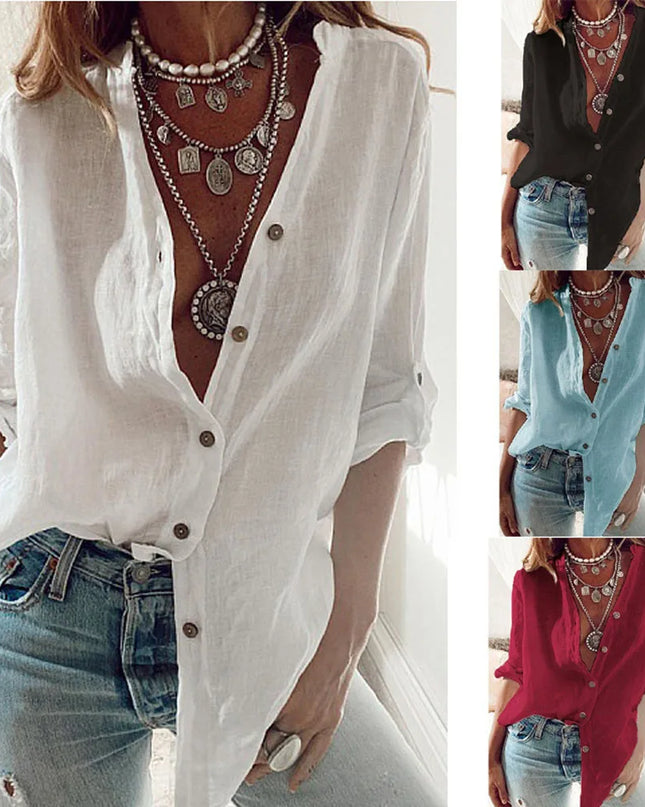 S-5XL Women Loose Blouse Shirts Oversized Female V Neck Long Sleeve Button Beach Sand Holiday Baggy Blouse Tops ARJ-113Y