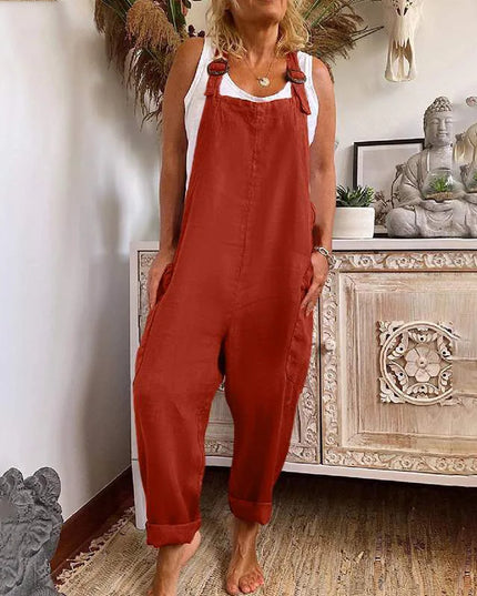 Womens Cotton Linen Jumpsuit Dungarees Loose Playsuit Polyester Preppy Style Pants Pocket  Overalls Trousers