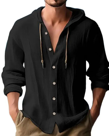 Summer Men's Cotton Linen Shirt Solid Streetwear Long Sleeve Hoodie Clothing For Men Button Tops Casual Loose Men Hooded Shirt