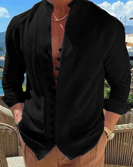 100% pure cotton linen hot selling fashion men's long sleeved shirt solid color stand up collar casual style men's S-3XXL
