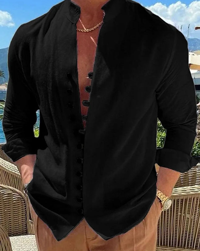 100% pure cotton linen hot selling fashion men's long sleeved shirt solid color stand up collar casual style men's S-3XXL