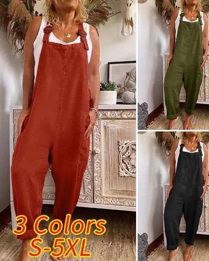 Womens Cotton Linen Jumpsuit Dungarees Loose Playsuit Polyester Preppy Style Pants Pocket  Overalls Trousers