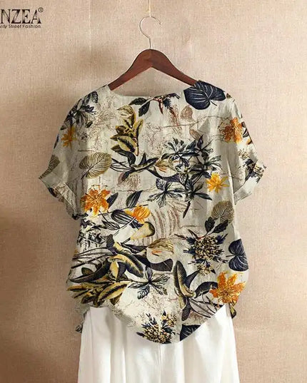ZANZEA Women Cotton Shirt Fashion Floral Printed Tops Ladies Kaftan Chemise 2024 Summer Short Sleeve Blouses Causal O-neck Tunic