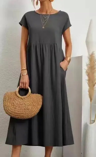 Women Vintage Solid Dress 2023 Summer Elegant O Neck Short Sleeve Cotton Linen Dresses Female Casual Loose Sundress Long Dress