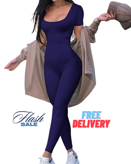 Women’s Short Sleeve Bodycon Romper – Solid Color Slim Fit Jumpsuit for Casual, Fitness & Streetwear Style
