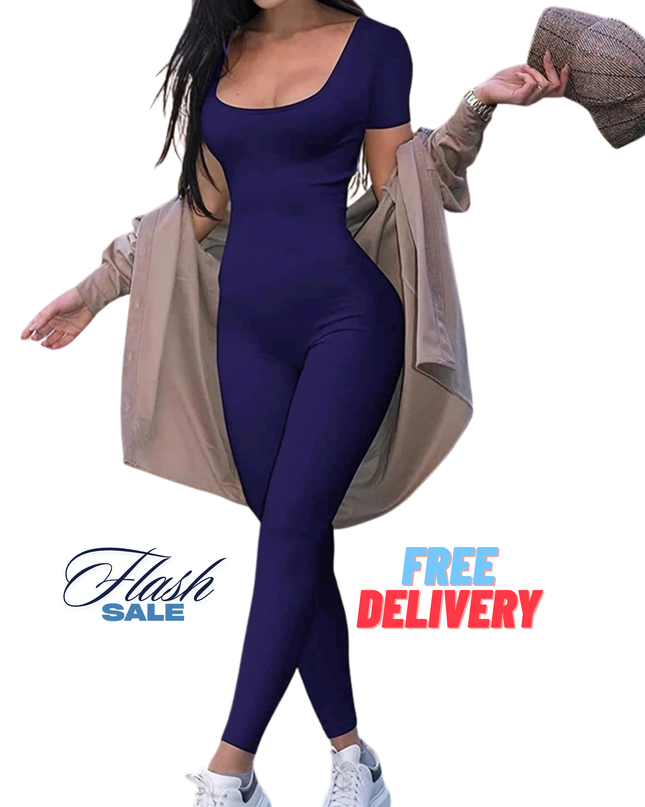 Women’s Short Sleeve Bodycon Romper – Solid Color Slim Fit Jumpsuit for Casual, Fitness & Streetwear Style