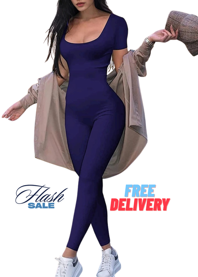 Women’s Short Sleeve Bodycon Romper – Solid Color Slim Fit Jumpsuit for Casual, Fitness & Streetwear Style