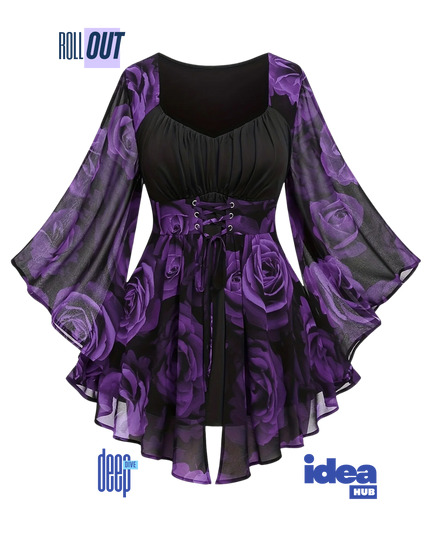 Elegant Plus Size Rose Print Tunic Top with Lace-Up Waist & Flowing Batwing Sleeves | Irregular Hem Floral Blouse for Spring & Autumn