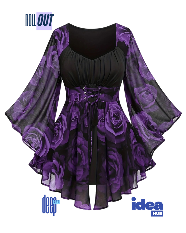 Elegant Plus Size Rose Print Tunic Top with Lace-Up Waist & Flowing Batwing Sleeves | Irregular Hem Floral Blouse for Spring & Autumn