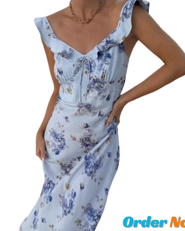 Boho Floral Plunge Maxi Dress – Backless Summer Beach Dress, Fairycore Vacation Outfit, Elegant Coquette Sun Dress