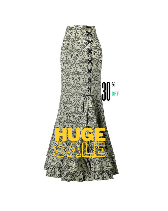 Gothic Mermaid Fishtail Skirt for Women – Vintage Lace-Up Steampunk Ruffled Long Skirt | Elegant Medieval & Halloween Costume Skirt
