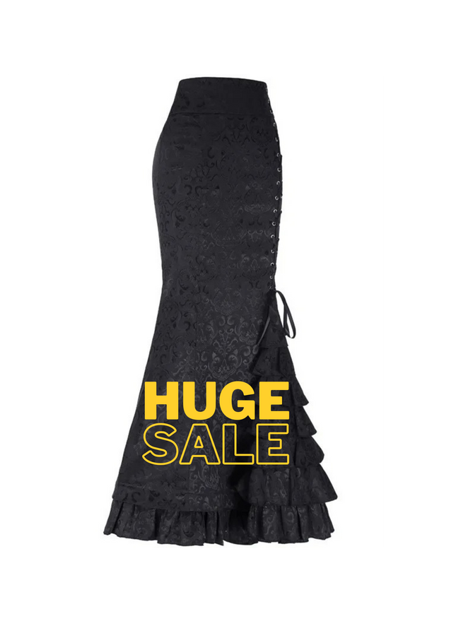 Gothic Mermaid Fishtail Skirt for Women – Vintage Lace-Up Steampunk Ruffled Long Skirt | Elegant Medieval & Halloween Costume Skirt