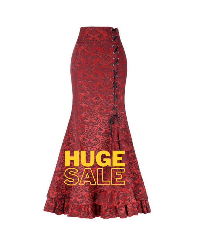 Gothic Mermaid Fishtail Skirt for Women – Vintage Lace-Up Steampunk Ruffled Long Skirt | Elegant Medieval & Halloween Costume Skirt
