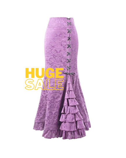 Gothic Mermaid Fishtail Skirt for Women – Vintage Lace-Up Steampunk Ruffled Long Skirt | Elegant Medieval & Halloween Costume Skirt