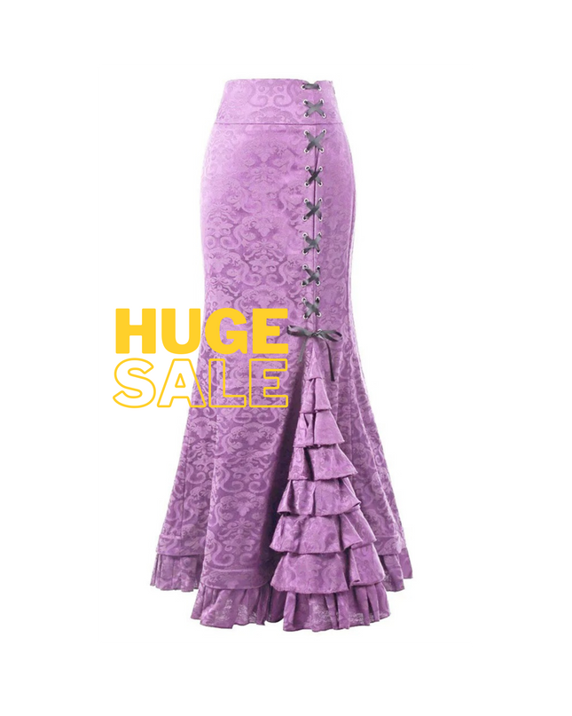 Gothic Mermaid Fishtail Skirt for Women – Vintage Lace-Up Steampunk Ruffled Long Skirt | Elegant Medieval & Halloween Costume Skirt