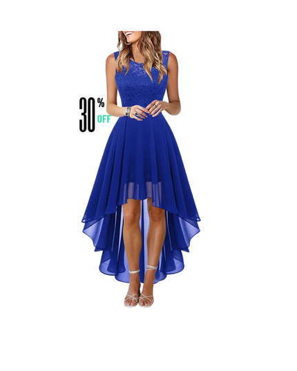 Elegant Lace High-Low Chiffon Dress | Sleeveless Floral Cocktail Dress | Women's Evening Party Dress with Bow Belt