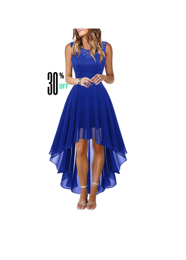 Elegant Lace High-Low Chiffon Dress | Sleeveless Floral Cocktail Dress | Women's Evening Party Dress with Bow Belt