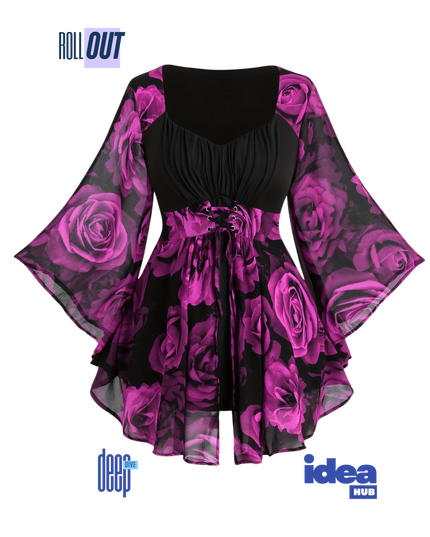 Elegant Plus Size Rose Print Tunic Top with Lace-Up Waist & Flowing Batwing Sleeves | Irregular Hem Floral Blouse for Spring & Autumn