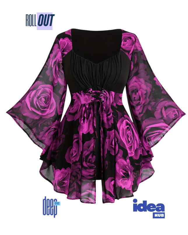 Elegant Plus Size Rose Print Tunic Top with Lace-Up Waist & Flowing Batwing Sleeves | Irregular Hem Floral Blouse for Spring & Autumn