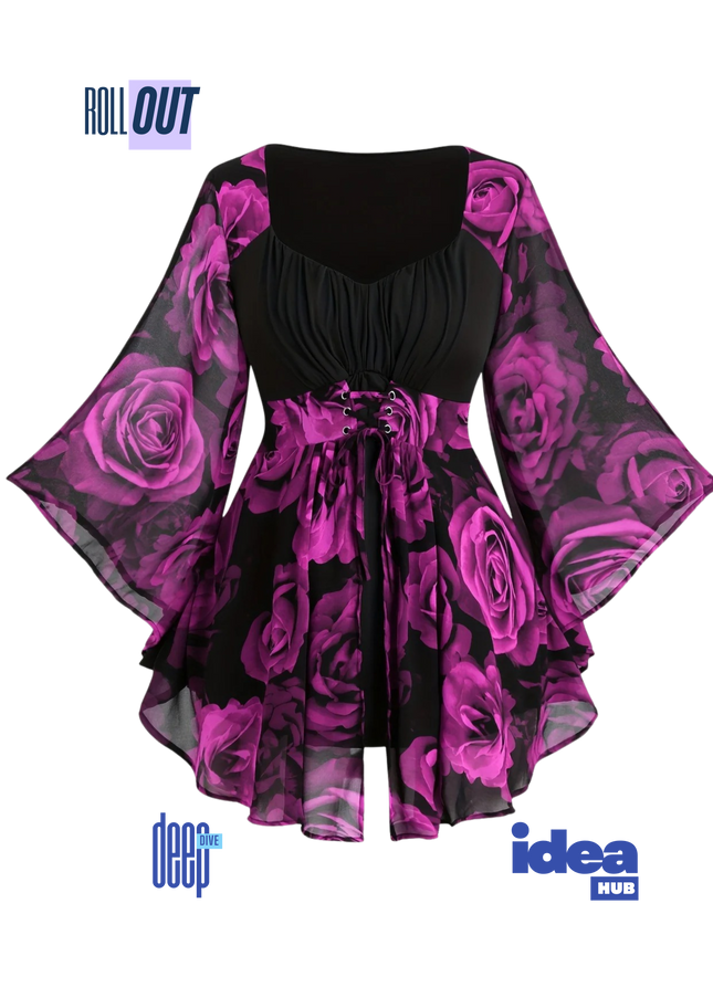 Elegant Plus Size Rose Print Tunic Top with Lace-Up Waist & Flowing Batwing Sleeves | Irregular Hem Floral Blouse for Spring & Autumn