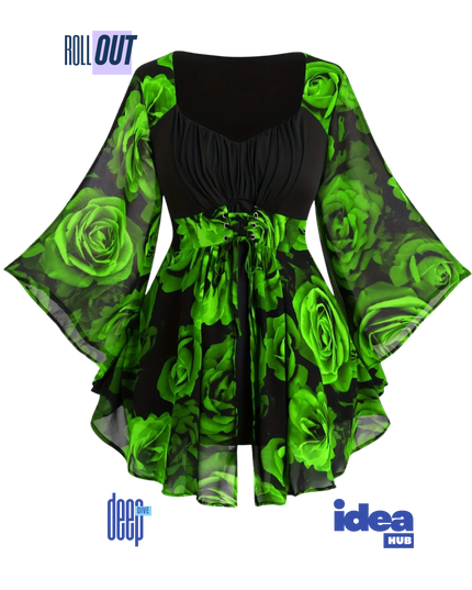 Elegant Plus Size Rose Print Tunic Top with Lace-Up Waist & Flowing Batwing Sleeves | Irregular Hem Floral Blouse for Spring & Autumn
