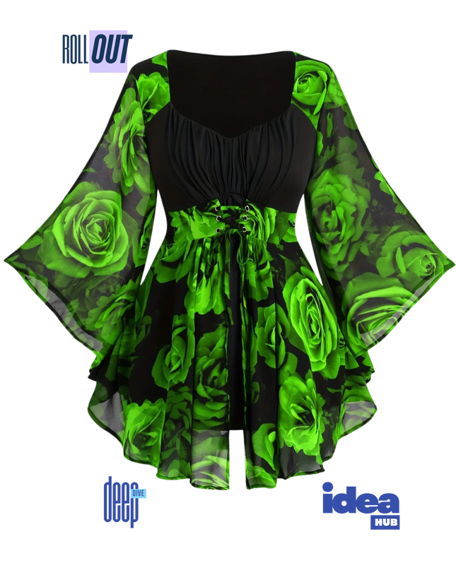 Elegant Plus Size Rose Print Tunic Top with Lace-Up Waist & Flowing Batwing Sleeves | Irregular Hem Floral Blouse for Spring & Autumn