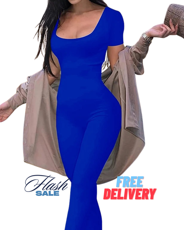 Women’s Short Sleeve Bodycon Romper – Solid Color Slim Fit Jumpsuit for Casual, Fitness & Streetwear Style