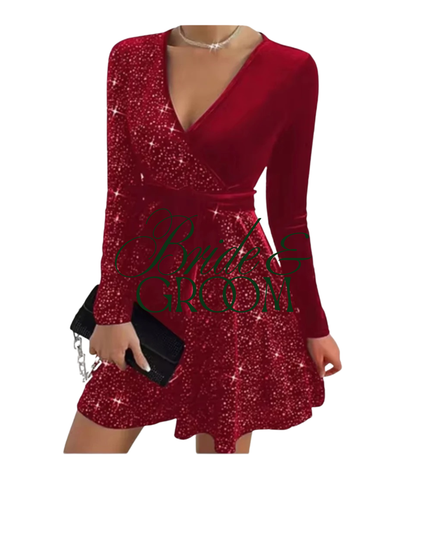 Elegant Sparkly V-Neck Party Dress for Women | Long Sleeve Glitter Mini Dress | Sexy Evening Outfit for Events & Celebrations