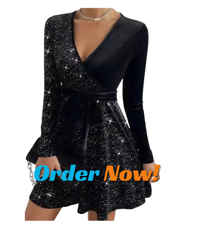 Elegant Sparkly V-Neck Party Dress for Women | Long Sleeve Glitter Mini Dress | Sexy Evening Outfit for Events & Celebrations