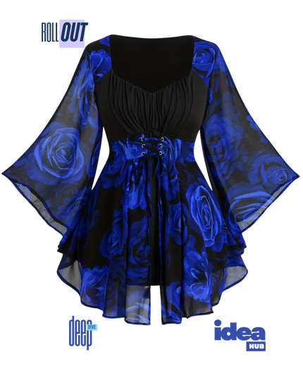 Elegant Plus Size Rose Print Tunic Top with Lace-Up Waist & Flowing Batwing Sleeves | Irregular Hem Floral Blouse for Spring & Autumn