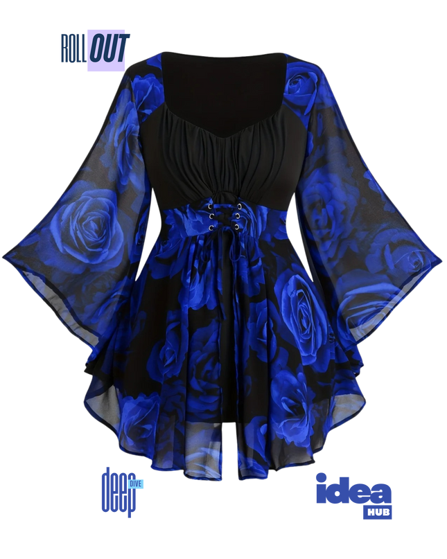 Elegant Plus Size Rose Print Tunic Top with Lace-Up Waist & Flowing Batwing Sleeves | Irregular Hem Floral Blouse for Spring & Autumn