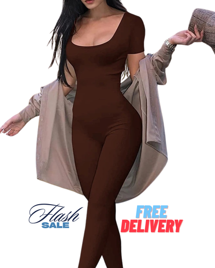 Women’s Short Sleeve Bodycon Romper – Solid Color Slim Fit Jumpsuit for Casual, Fitness & Streetwear Style