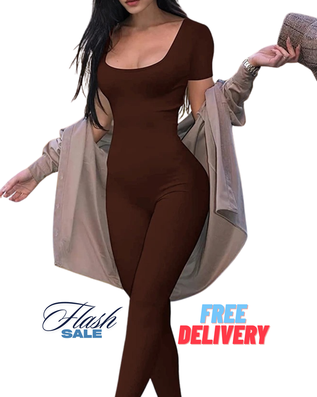 Women’s Short Sleeve Bodycon Romper – Solid Color Slim Fit Jumpsuit for Casual, Fitness & Streetwear Style