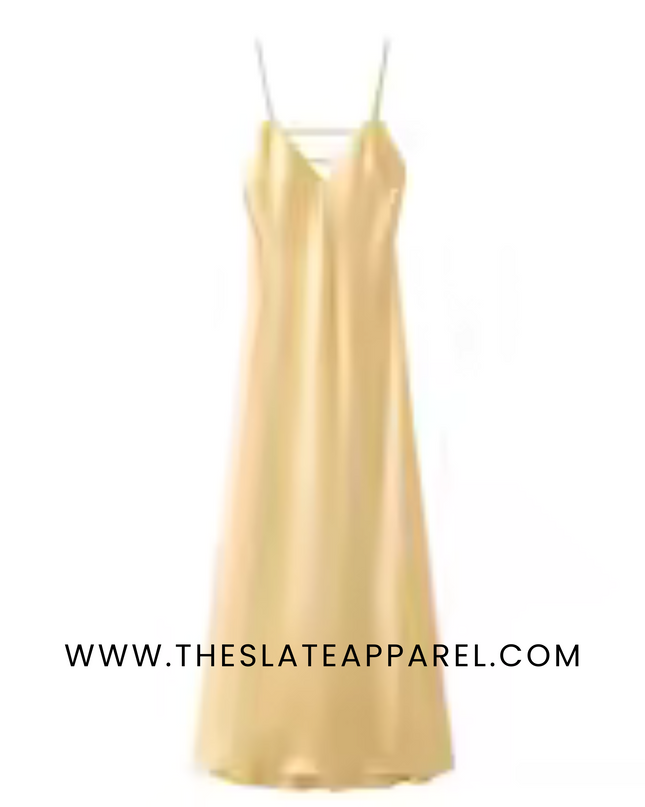 Elegant Yellow Satin V-Neck Maxi Dress for Women – Sleeveless Summer Holiday Party Dress 2025, Loose Fit Sling Robe