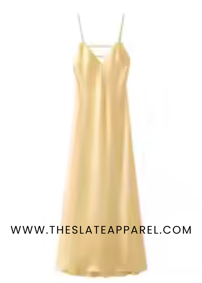 Elegant Yellow Satin V-Neck Maxi Dress for Women – Sleeveless Summer Holiday Party Dress 2025, Loose Fit Sling Robe