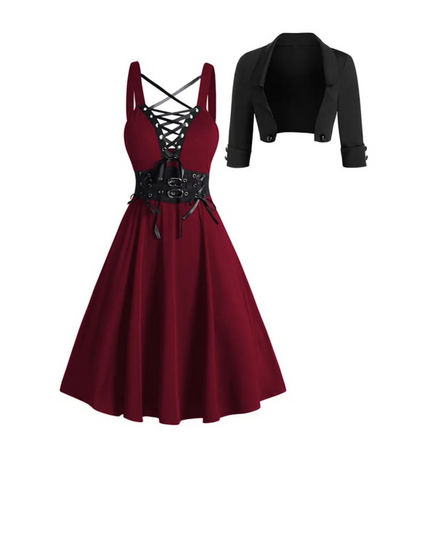 Gothic Lace-Up Dress with Crop Jacket Set | Women’s Crisscross Buckle Strap Outfit | Vintage Inspired Alternative Fashion Dress
