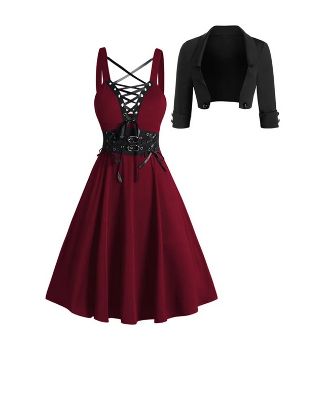 Gothic Lace-Up Dress with Crop Jacket Set | Women’s Crisscross Buckle Strap Outfit | Vintage Inspired Alternative Fashion Dress